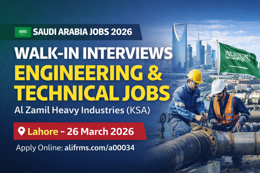 Walk-in interviews in Lahore for Saudi Arabia engineering and technical jobs 2026 by Al Zamil Heavy Industries, featuring industrial workers and Saudi flag background.