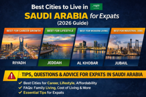 Infographic showing the best cities in Saudi Arabia for expats including Riyadh, Jeddah, Al Khobar, and Jubail highlighting career growth, lifestyle, modern living, and industrial job opportunities.