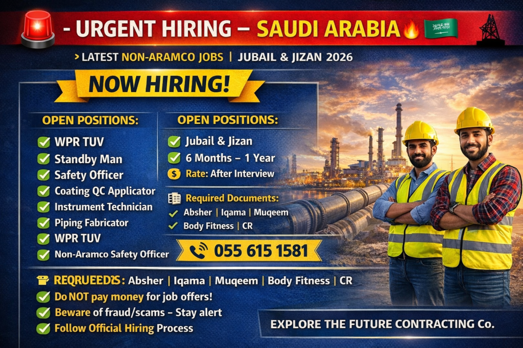 Urgent Hiring Saudi Arabia 2026 – Jubail & Jizan Jobs for Expats Non-Aramco Vacancies