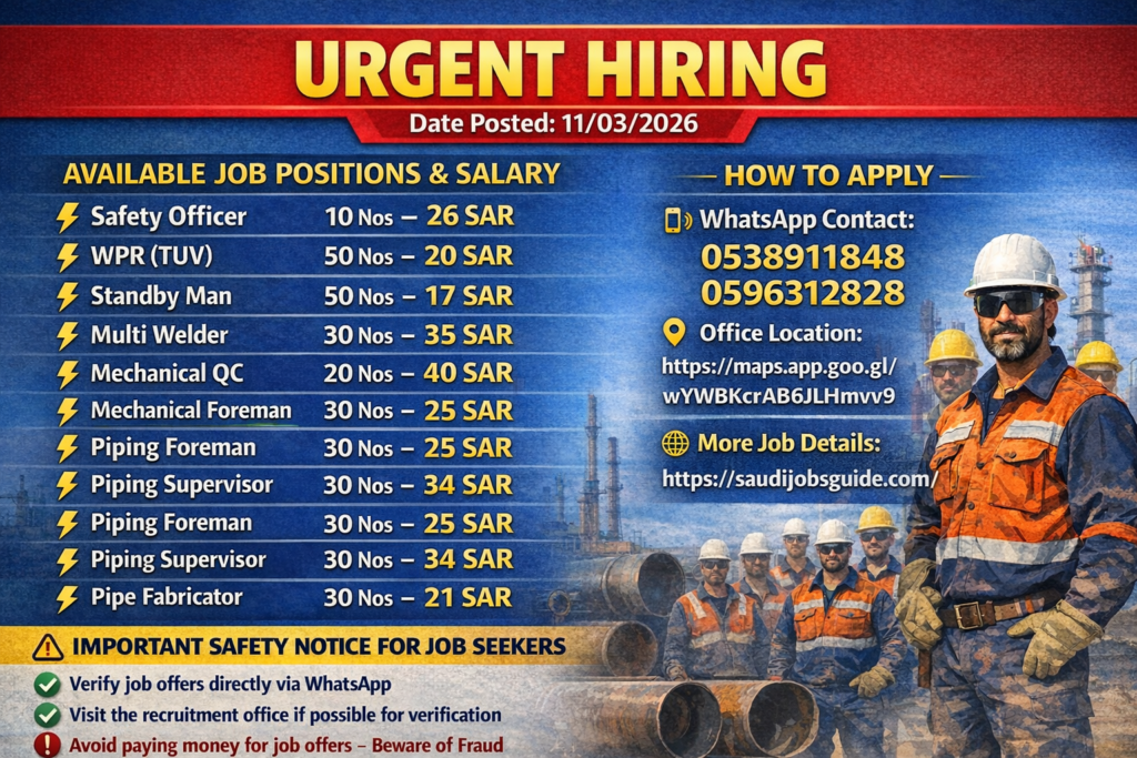 Urgent Hiring in Saudi Arabia – Safety Officer, Mechanical Supervisor, Welders & More (March 2026)