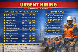 Urgent Hiring in Saudi Arabia – Safety Officer, Mechanical Supervisor, Welders & More (March 2026)