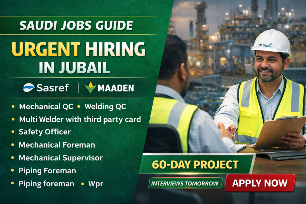 Saudi Arabia Jobs 2026: Mechanical QC, Welding QC, Piping Supervisor – Jubail Project